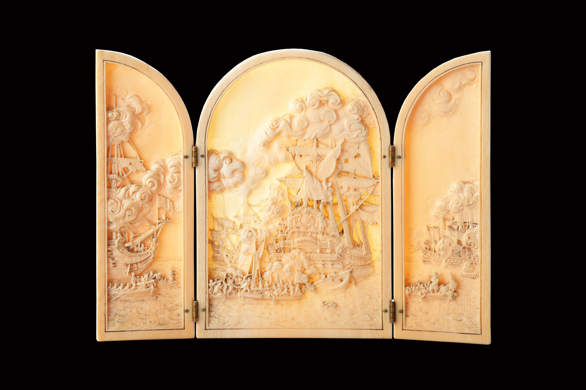 French Dieppe Carved Ivory Triptych Depicting the French Fleet Engaged in a Naval Battle